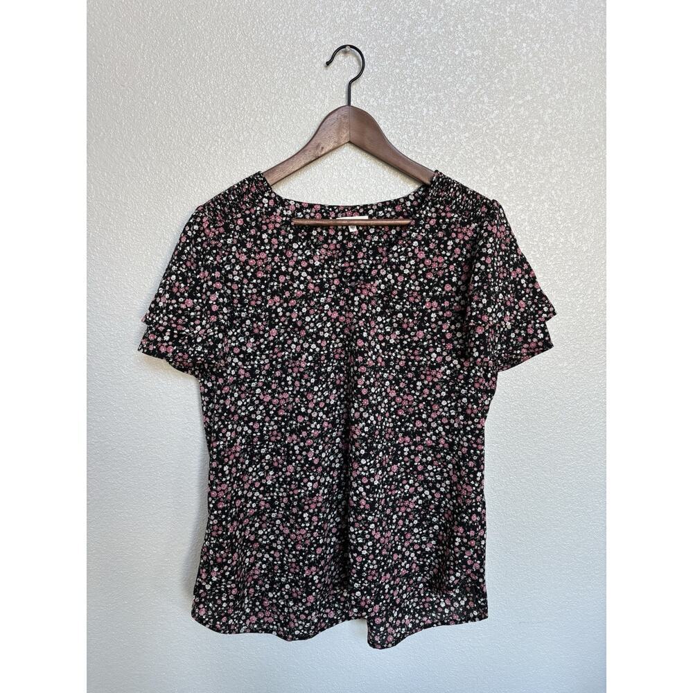 Pleione black floral blouse womens L flutter short sleeve modest career casual